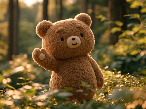 Cute teddy bear waving in a sunlit forest