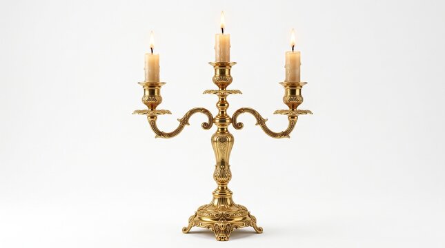 Golden candelabra with three lit candles isolated on white background