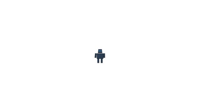 Small pixelated robot character standing in the center of a white background.