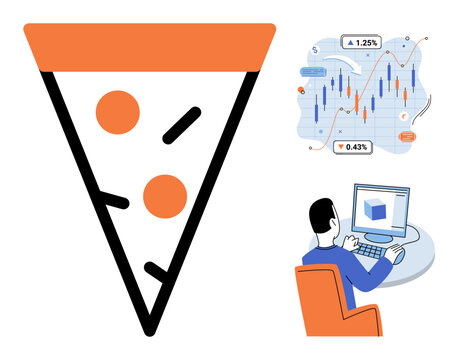 Pizza slice, financial chart, and person working on computer vector illustration. Business growth, food industry, digital marketing, remote work, data analysis, office productivity. Fast food icon