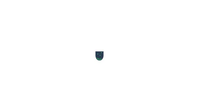 A small dark green shield shaped emblem with a white logo on a white background.