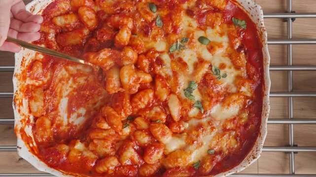 Woman serves baked gnocchi with tomato sauce and melted cheese from ceramic dish. Homemade Italian meal ready to eat