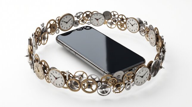 Modern smartphone surrounded by a circular halo of intricate clock gears and tiny analog watch faces.
