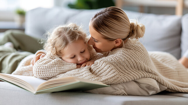 Faceless mother and daughter reading book together on cozy couch at home, spending quality family time, defocused maternal literary bonding, domestic learning moment, with copy