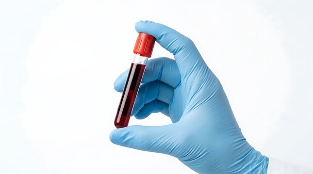 A gloved hand holding a glass blood collection vacuum tube containing a blood sample.