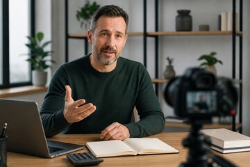 Obraz premium Man recording video blog at desk with laptop, notebook, and calculator in home office