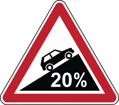 A triangular warning sign showing a vehicle descending a steep slope marked with a 20% gradient.
