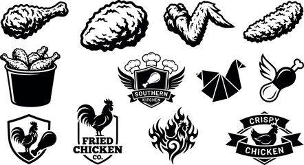 Southern Fried Chicken Set with Logo Elements, Rooster, and Food Illustrations © shahariar