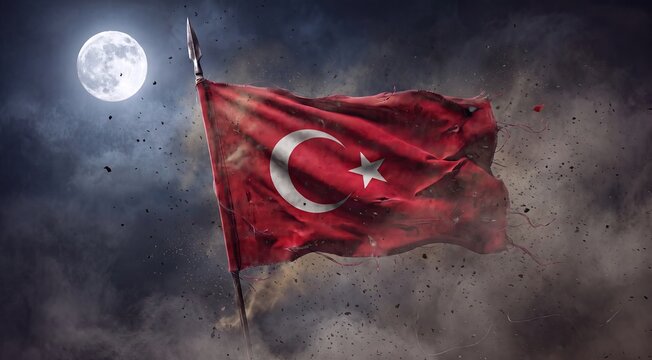 Turkish Flag Flying Under the Full Moon: A Turkish flag, with its iconic red and white crescent moon and star, billows majestically against a dramatic night sky illuminated by a large.