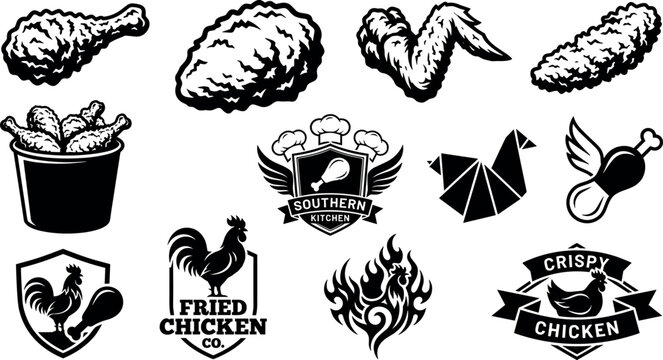 Southern Fried Chicken Set with Logo Elements, Rooster, and Food Illustrations
