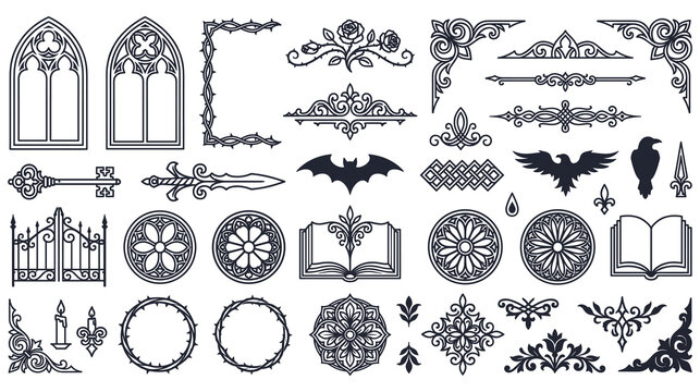Gothic architectural elements and medieval frames in black.