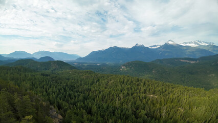 Fototapeta premium An aerial wide shot sweeps over a vast green forest landscape of rolling hills and deep valleys beneath distant majestic snow capped mountain peaks under clouds.