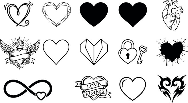 Heart Illustrations Set with Love Banner, Diamond, Infinity Symbol