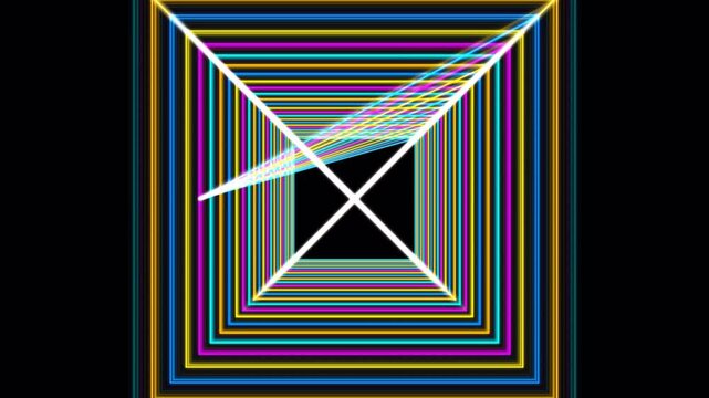 Abstract square tunnel with bright neon lines and cross geometric pattern on black background for digital art and modern technology design