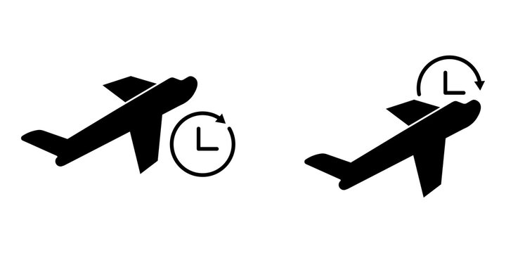 Black airplane icons with clock symbols for flight delay or travel schedule planning