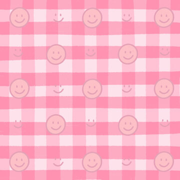 Pink Smiley Face Gingham Pattern Groovy Retro Pastel Style Fun Happy Positive Feeling For Poster And Instagram Story Background For Gen Z Girls
