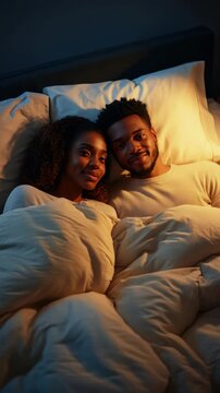 Young African American Couple Smiling and Cuddling in Bed