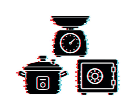 Collection of kitchen appliances and security safe icons with glitch effect