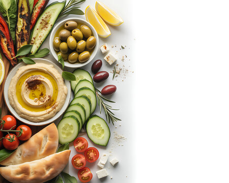 Middle Eastern hummus bowl with pita bread olives feta cheese and fresh vegetables flat lay
