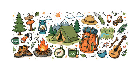 Naklejka premium Outdoor adventure gear collection with tent, backpack, and campfire