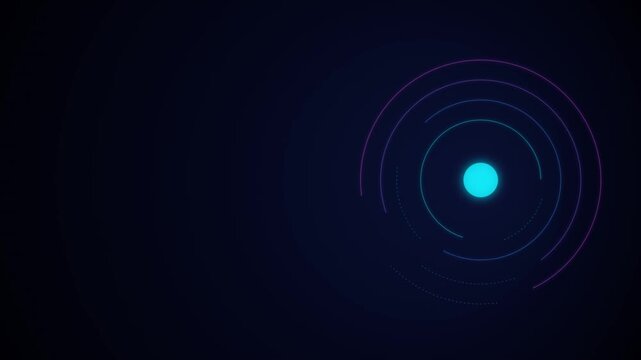 Glowing blue circle light orb with abstract circular neon rings on a dark background for futuristic technology and digital interface design