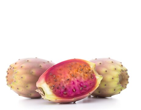 Fresh Prickly Pear Cactus Fruits Isolated on White Background.