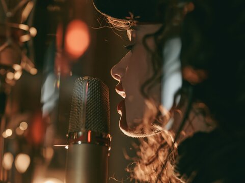 Woman singing into a studio microphone close up