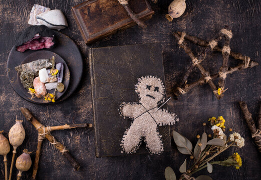 Voodoo doll. Black magic witch esoteric ritual. Halloween concept