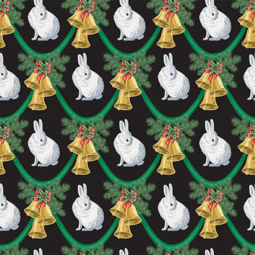 White rabbit, fir branch, bell, baw seamless pattern. Christmas winter animal wallpaper.