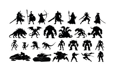 Naklejka premium Collection of fantasy and sci-fi character silhouettes for game design