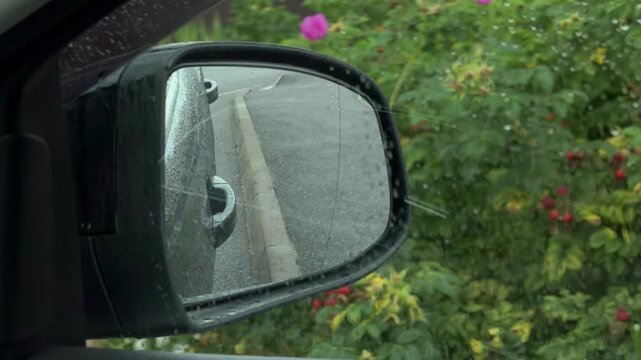 Car side rearview mirror seen through a wet window with rain drops. Reflection of a wet road with green bushes and red berries in the background.