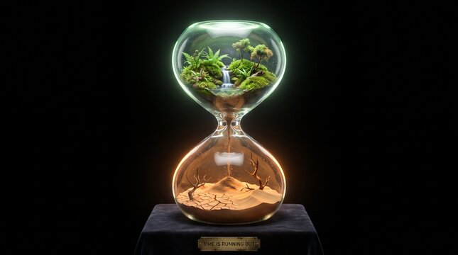 Surreal Hourglass Split Between Lush Green Forest and Arid Desert Time Running Out Concept