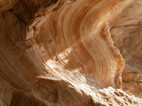 Natural sandstone rock formation with striped pattern in sunlight