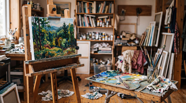 Artist studio creating landscape painting on easel