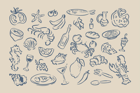 Hand drawn seafood, mediterranean food and marine life doodle vector set. Colorful coastal dining sketch elements on isolated background