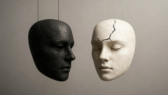 Conceptual Black And White Face Masks With Cracks For Identity Theme - for concepts of duality, identity, emotional contrast, inner conflict, psychology, mental health, hidden emotions, theatre, drama