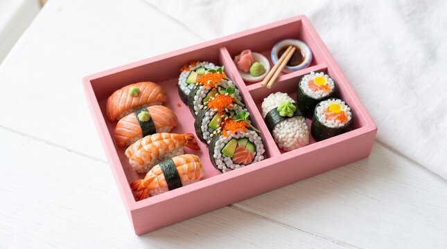 Pink bento box filled with assorted sushi rolls and nigiri