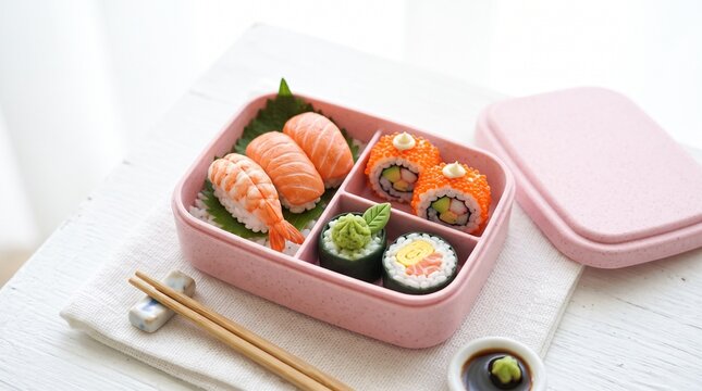 Pink bento box filled with sushi and traditional japanese cuisine
