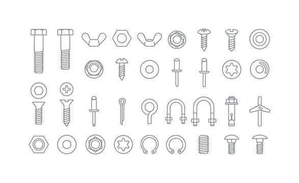 Collection of various fasteners and hardware icons in a clean outline style