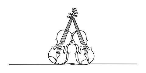Two violins drawn with a single continuous black line forming a simple artistic silhouette isolated on a clean white background Vector, illustration © ARICK 