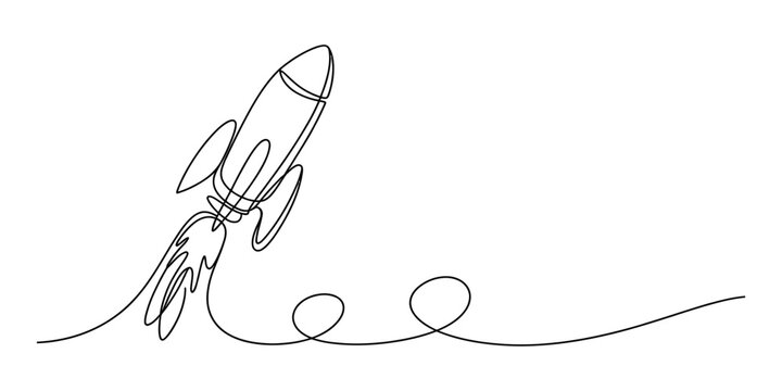 Continuous single line drawing of a flying space rocket ship taking off into the sky isolated on a white background Vector, illustration