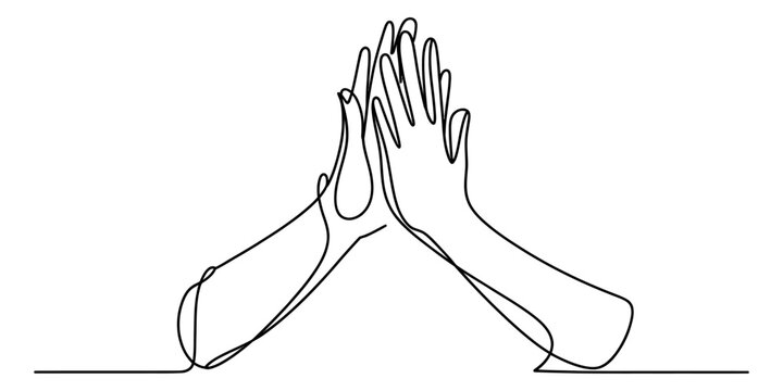 Continuous single line drawing of two hands clapping high five gesture isolated on a clean white background Vector, illustration