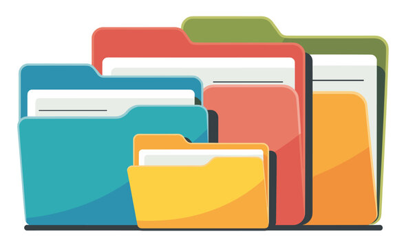 Stack of colorful office file folders containing white documents, flat of organized paper records in various shades of red, blue, green, and yellow