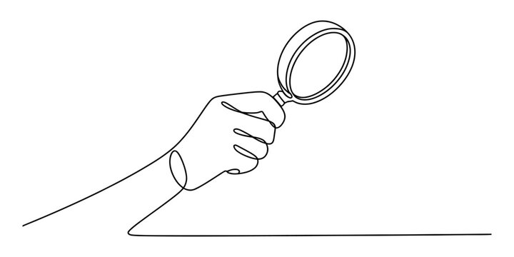 A hand holding a magnifying glass drawn in a continuous single line style isolated on a plain white background for design projects Vector, illustration