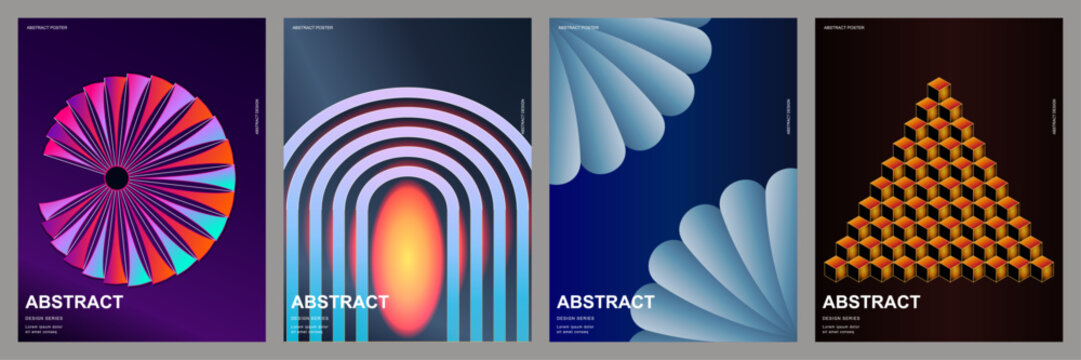 Set of abstract futuristic posters with geometric shapes, isometric grids and neon gradient backgrounds