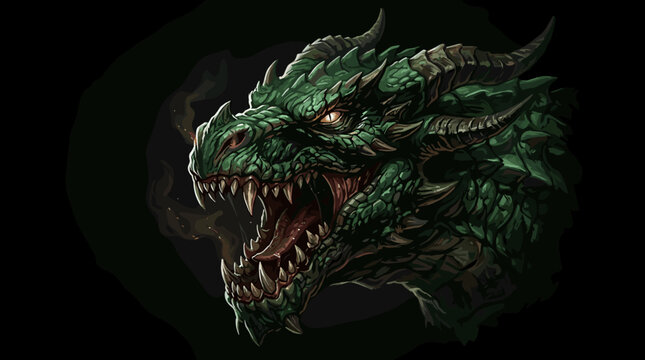 Fierce green dragon head with sharp teeth and glowing eyes roars