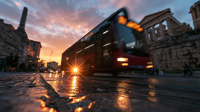 Public Bus Driving Past Ancient Ruins at Sunset