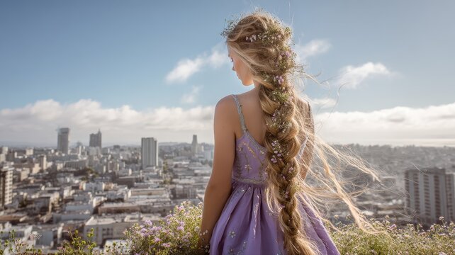 young girl overlooking city skyline with long hair