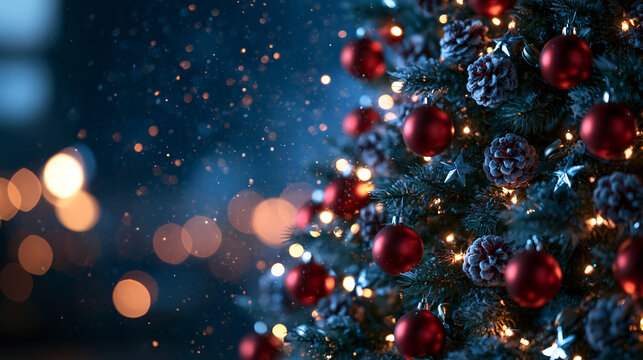 Decorated Christmas Tree with Glowing Lights and Red Baubles
