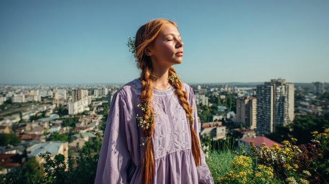 young woman in purple dress with city skyline background